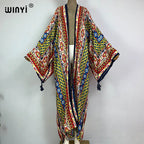 2023 WINYI New Cotton Feeling Bikini Cover-ups Bohemian Print Front Open Long Kimono Kaftan Beach Cover Ups for Swimwear Dresses - Matrix Studios