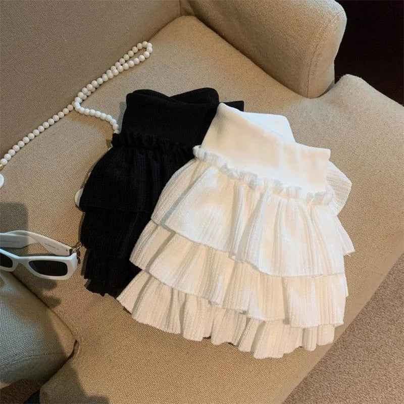 Sweet Puffy Cake Women Skirts Korean Fashion Ruched Ruffle Mini Skirt Campus Harajuku Casual Versatile Elastic Waist Solid Skirt - Matrix-studios.com