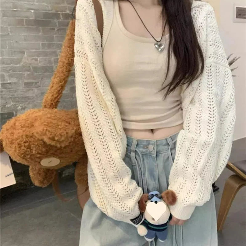Autumn New Y2K Shrug Long Sleeve Cardigan for Women Korean Fashion Hollow Out Knitted Coat Harajuku Loose Lightweight Shawl Tops - Matrix Studios
