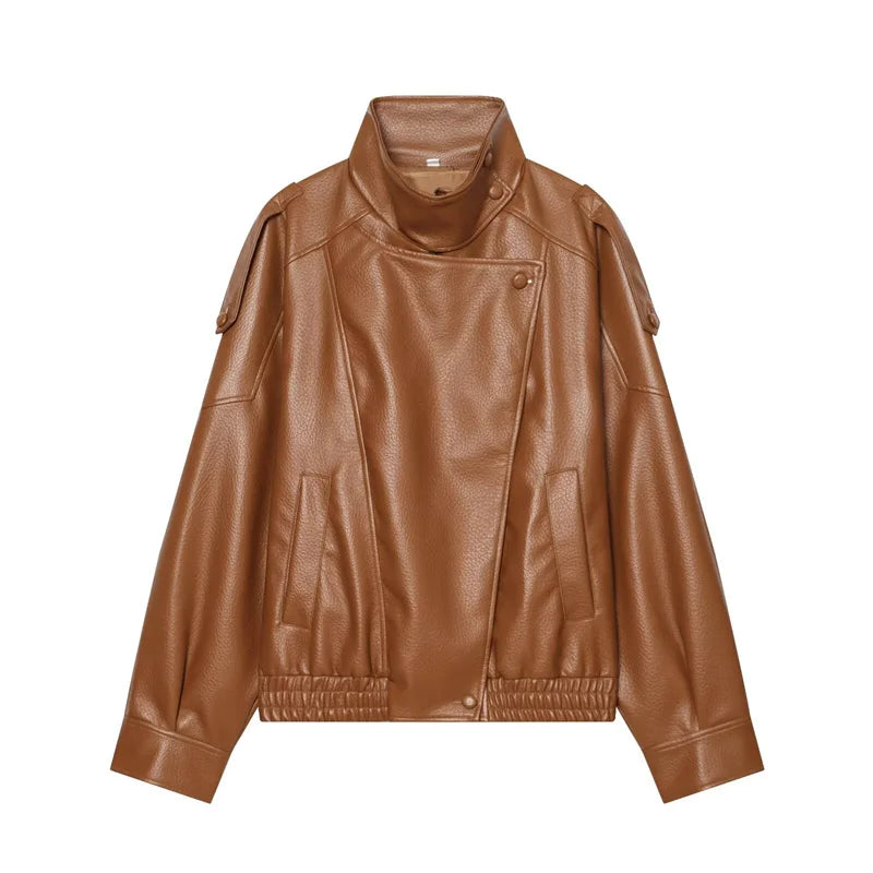Women's Jacket 2026 Autunm  New Black Long Sleeve Pebble Faux Leather Jacket Motorcycle Style Personality Fashion - Matrix Studios