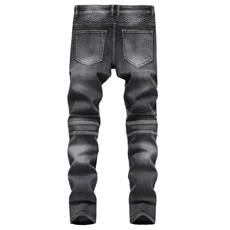 Men's New Casual Motorcycle Jeans Hip Hop Street Riding Stretch Slim Fit Straight Pants Patchwork Fashion Denim Trousers Male - Matrix Studios