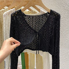 Pointelle Tie Front Crop Cardigan Women Open-stitch Knit Top Crochet Bolero Cover-up Spring Summer 2026 Y2K Grunge - Matrix Studios