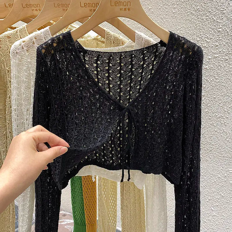 Pointelle Tie Front Crop Cardigan Women Open-stitch Knit Top Crochet Bolero Cover-up Spring Summer 2026 Y2K Grunge - Matrix Studios