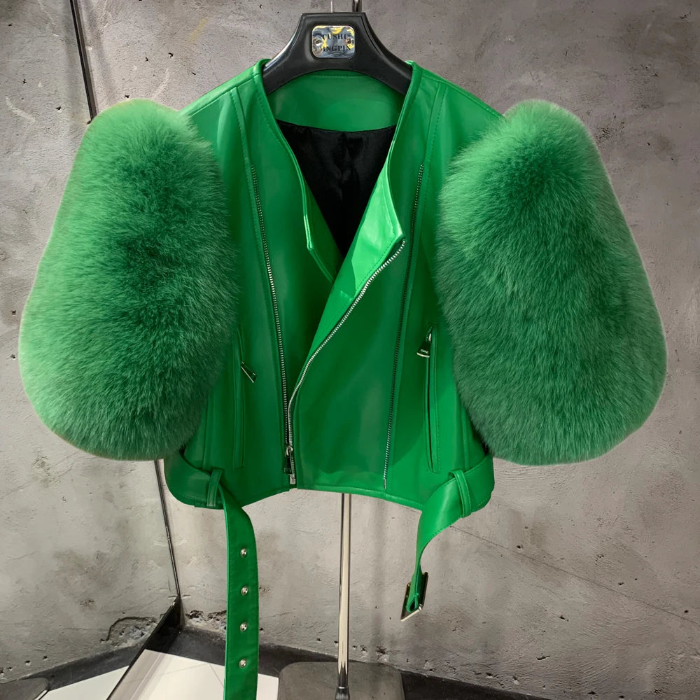Leather Fur Jacket Natural Fur Sleeve Ladies Short Leather Jacket Real Fox Fur Sleeve Coat Women Autumn 21001-1 - Matrix Studios
