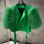Leather Fur Jacket Natural Fur Sleeve Ladies Short Leather Jacket Real Fox Fur Sleeve Coat Women Autumn 21001-1 - Matrix Studios