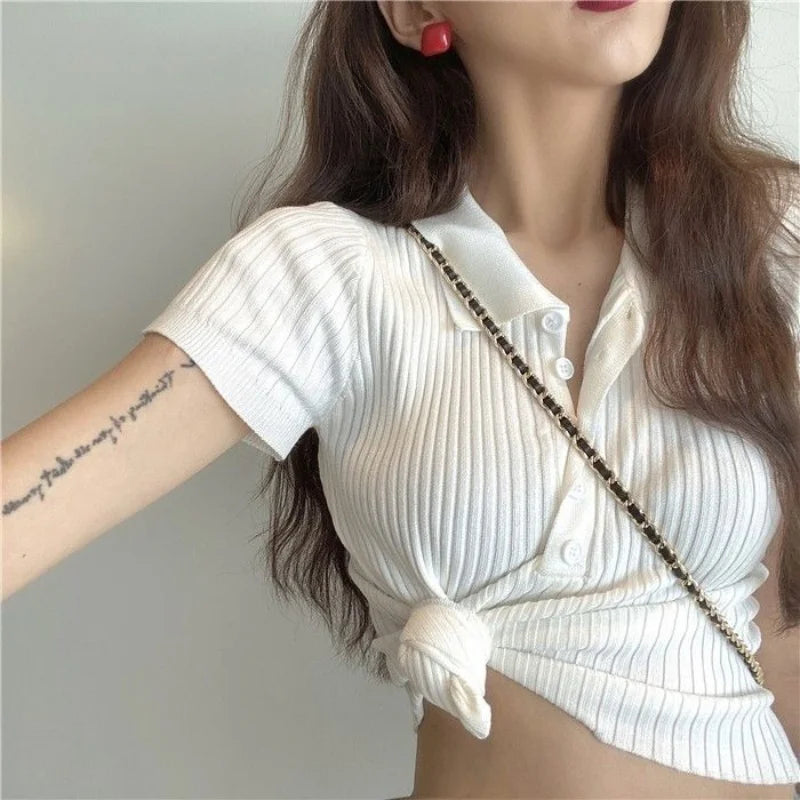 New Polo Women TShirt Ribbed Knitted Sexy Tops Summer Basic Shirts Skinny Slim Casual Short Sleeve Vest Women's Top White Black - Matrix-studios.com