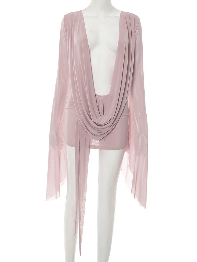 Weird Puss Halter Y2K Dress Women See Through Irregular Backless Coquette Full Sleeve Sexy Midnight Beach Vacation Mini Bodycon - Matrix-studios.com
