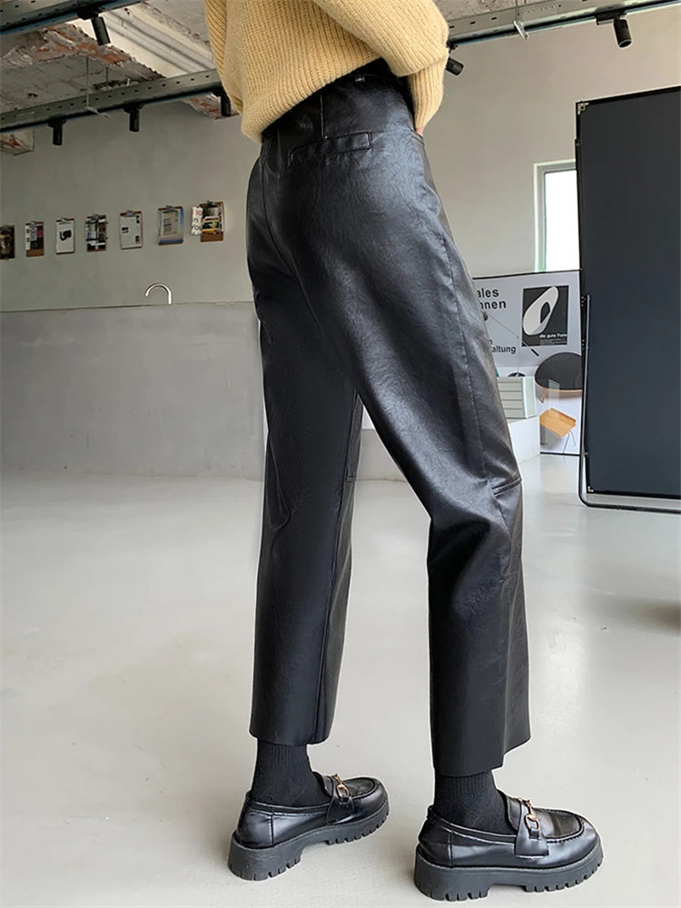 Seoulish Autumn Winter PU Faux Leather Women's Wide Leg Pants High Waist Female Casual Loose Ankle Length Trousers 2023 New