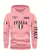 Men's Italy Flag Shield Bold ITALY Letter Print Hoodie Grey Casual Pullover Front Pocket Ribbed Cuffs Comfort Fit Urban Fashion - Matrix Studios