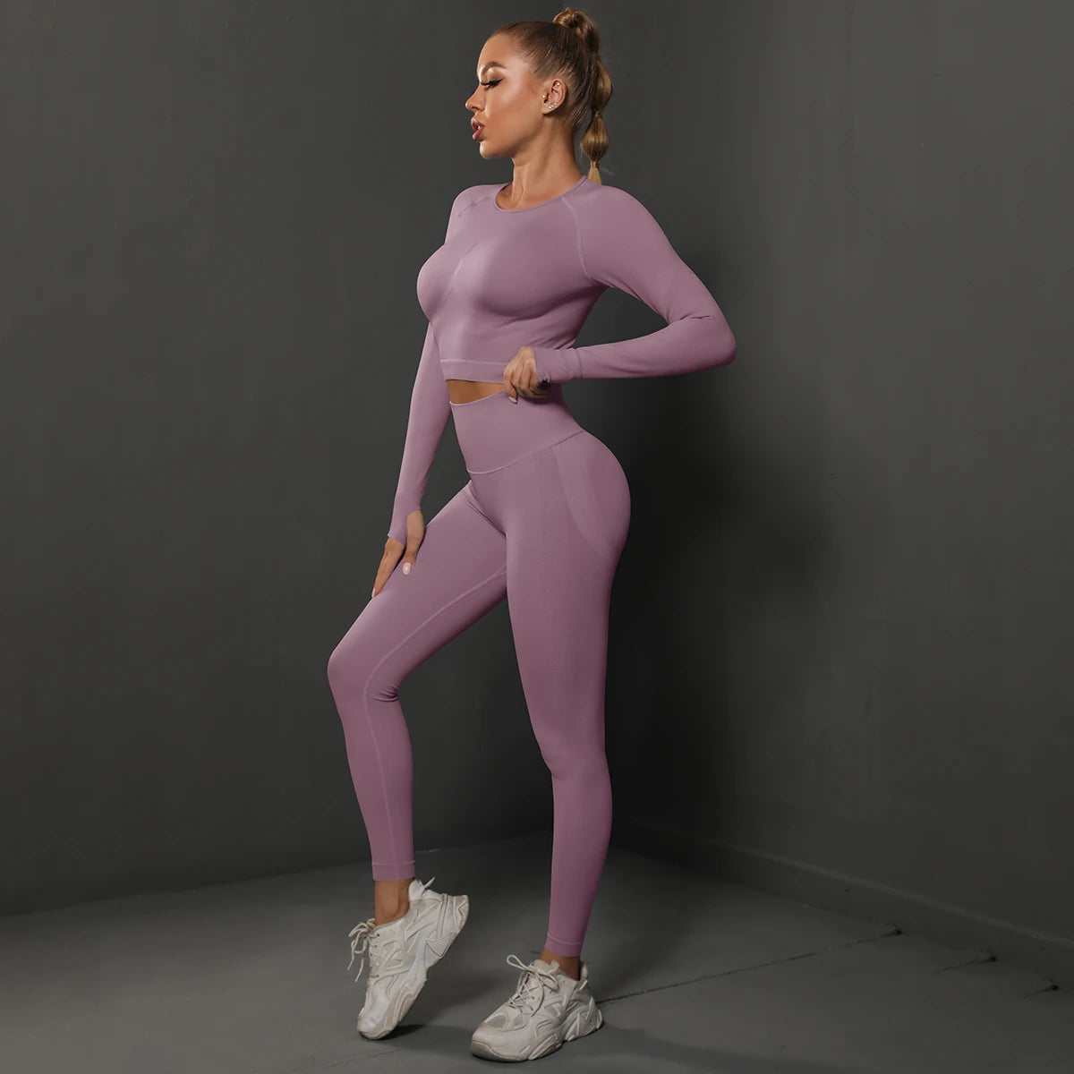 2Pcs Women Sets Energy Seamless Gym Suits Bubble Butt Sports Pants+Long Sleeve Shirts Push Up Running Sets Tracksuits Tights Set - Matrix-studios.com