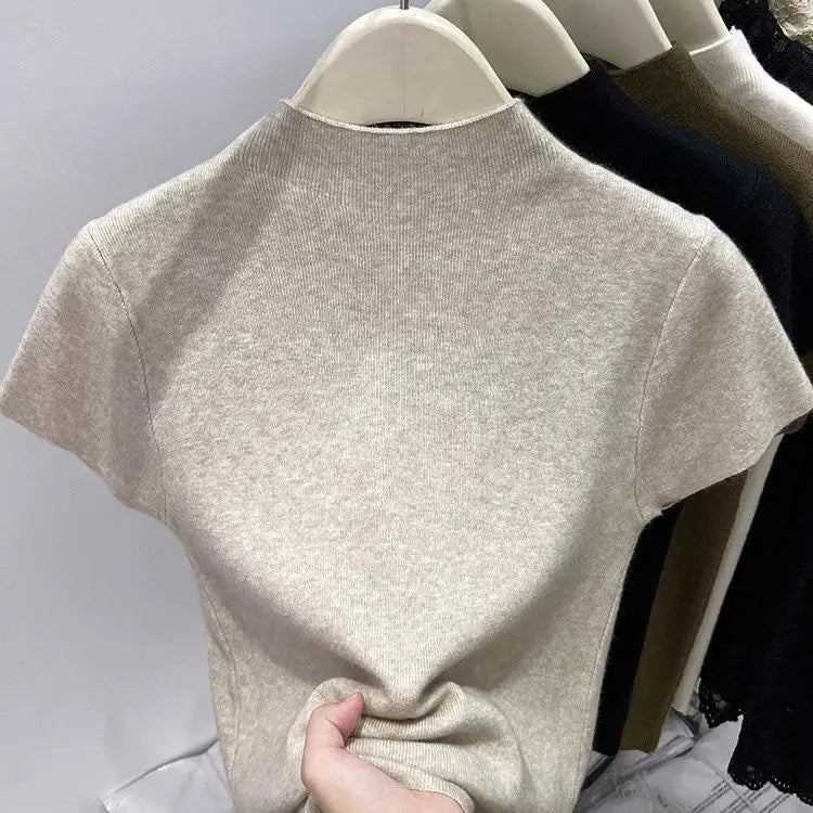Basic Turtleneck Solid Thin Summer 2026 Pullover Women Female Knitted Sweater Slim Short Sleeve Bodycon Sweater - Matrix Studios