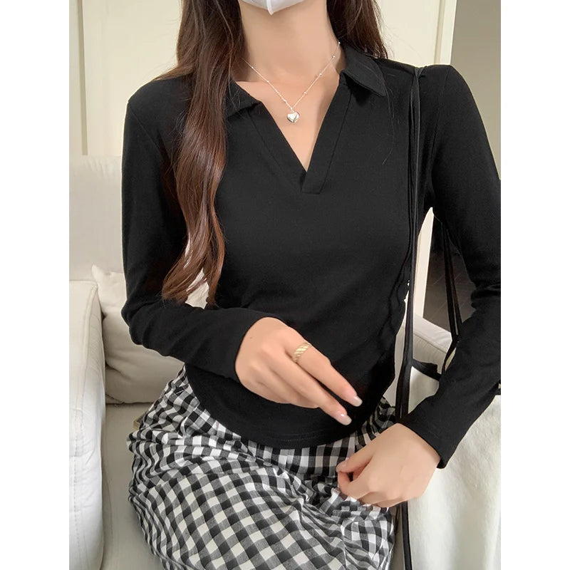 Autumn Cotton Sexy Women's T Shirt Long Sleeve Skinny Slim Basic Solid Black White Crop Top Polo TShirt Casual Top Tee for Women - Matrix-studios.com