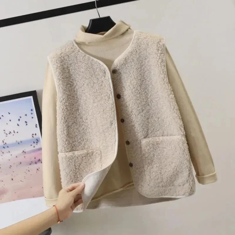 Lamb's Fleece Vests Jacket New Spring Autumn Women Button Waistcoat Winter Warm Fleece Sleeveless Outwear Female - Matrix Studios