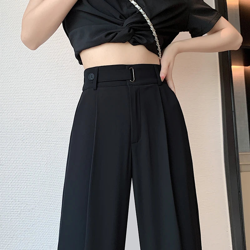 Seoulish Summer Women's Casual Pants Wide Leg Pants Elegant Office Lady 2024 New Solid Color High Waist Loose Trousers Female