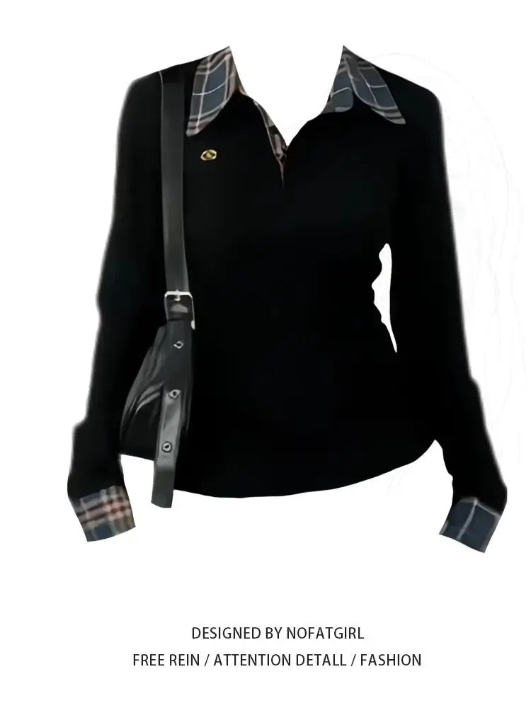 American POLO Collar Checkered Long-sleeved T-shirt Women Spring Fall New Slim Fit Embroidered Elegant Fake Two-piece Top - Matrix-studios.com
