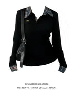 American POLO Collar Checkered Long-sleeved T-shirt Women Spring Fall New Slim Fit Embroidered Elegant Fake Two-piece Top - Matrix-studios.com