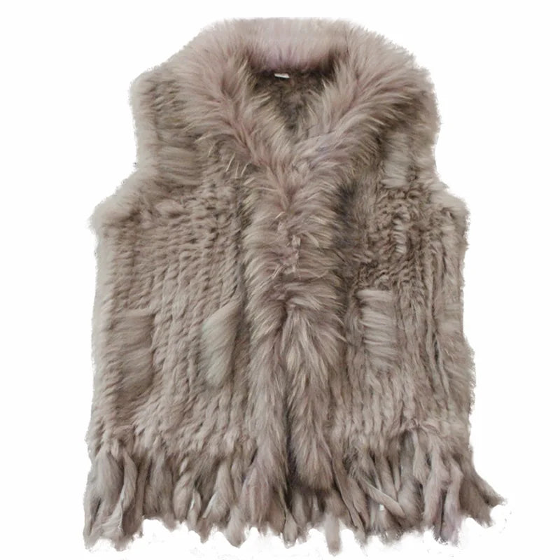 Harppihop womens natural real rabbit fur vest with raccoon fur collar waistcoat/jackets rex rabbit knitted winte - Matrix Studios