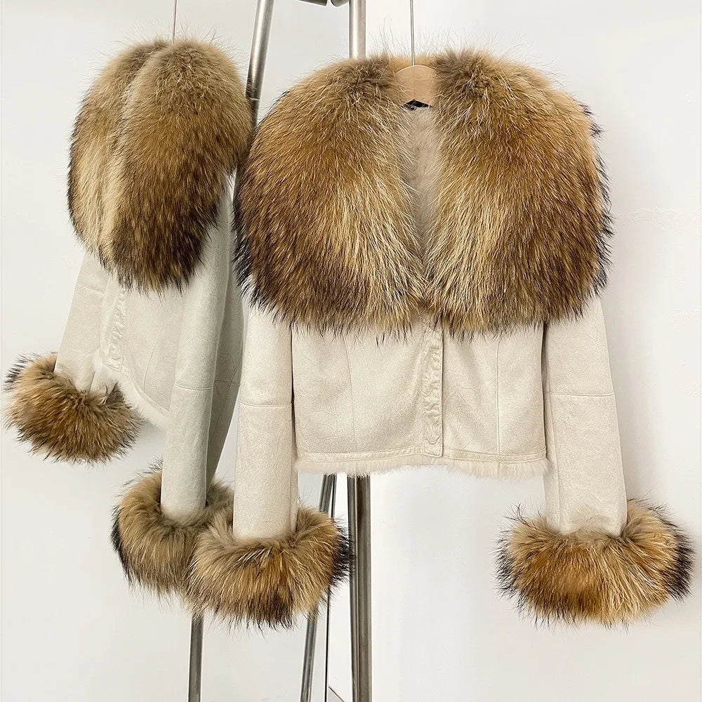 Hot Selling High-quality Big Raccoon Fur Collar Or Fox Fur Collar Winter New Suede Jacket Women Short Fashionable Slim Coat - Matrix Studios
