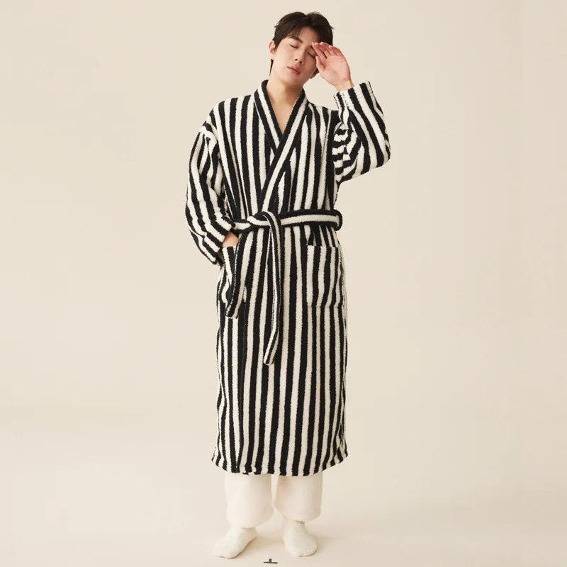 Thickened Flannel Robe Pants Pajamas Set Autumn Winter New Couple Coral Velvet Women Men Bathrobe Striped Lengthed Home Clothes - Matrix-studios.com