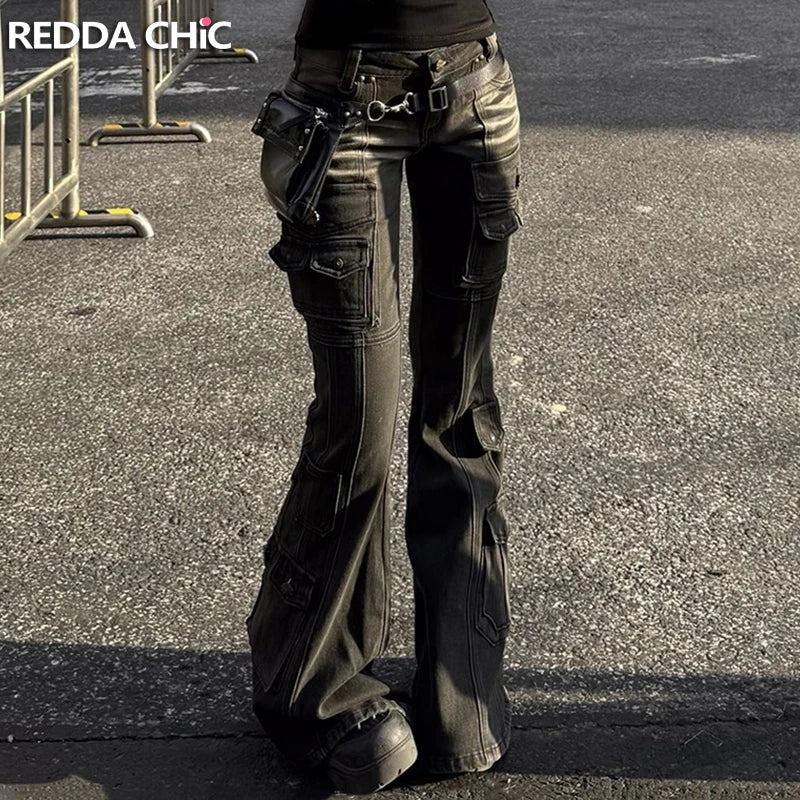 REDDACHiC Black Low Waist Cargo Jeans 2000s Distressed Whiskers Multi-pocket Stretch Bootcut Pants Women Retro Grunge Streetwear - Matrix-studios.com