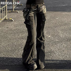 REDDACHiC Black Low Waist Cargo Jeans 2000s Distressed Whiskers Multi-pocket Stretch Bootcut Pants Women Retro Grunge Streetwear - Matrix-studios.com