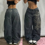 2025 Fashion New Oversized Pattern Printing Baggy Jeans Men Y2K Street Vintage Rock Casual Straight High Waist Wide Leg Trousers - Matrix Studios