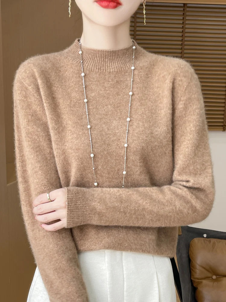 Fashion 100% Wool Sweater Women's Mock-Neck Knitwear Cashmere Pullovers Autumn Winter Long Sleeve Jumpers Clothing Tops - Matrix Studios