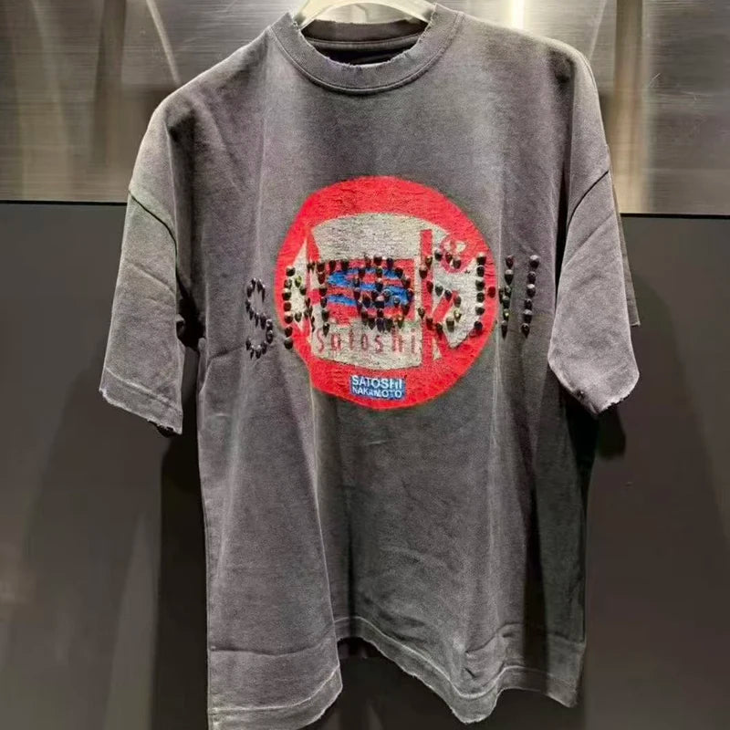 American Style Street Fashion Brand Satoshi Nakamoto Tops New Summer Men's Women's Glittering Rhinestones Short Sleeved - Matrix-studios.com