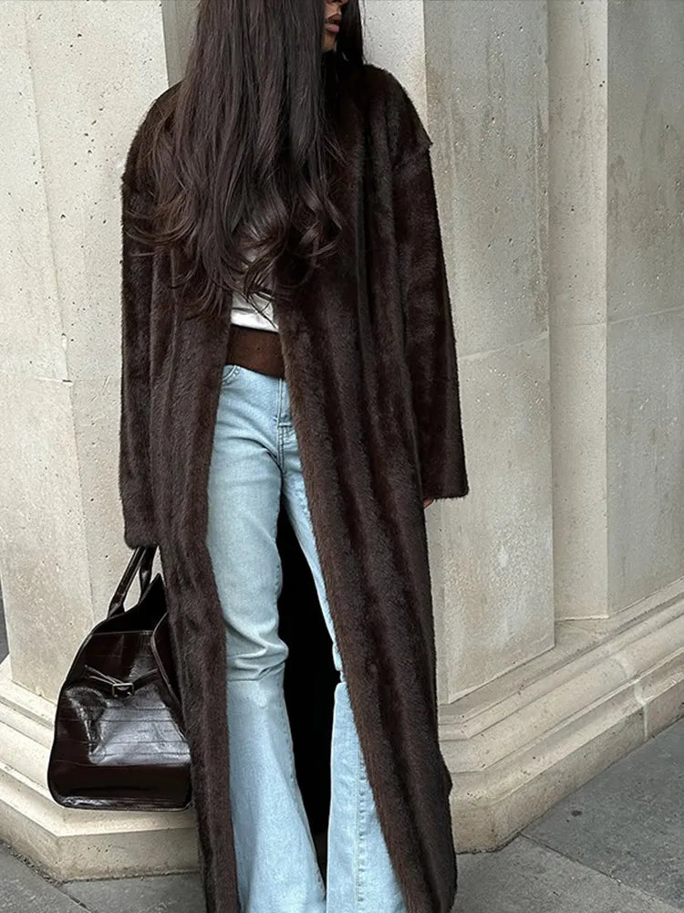 Brown Long Faux Fur Coat Women Fashion Full Sleeve Fluffy Loose Lace Up Overcoat 2025 Winter Lady Daily High Street Outwear - Matrix Studios