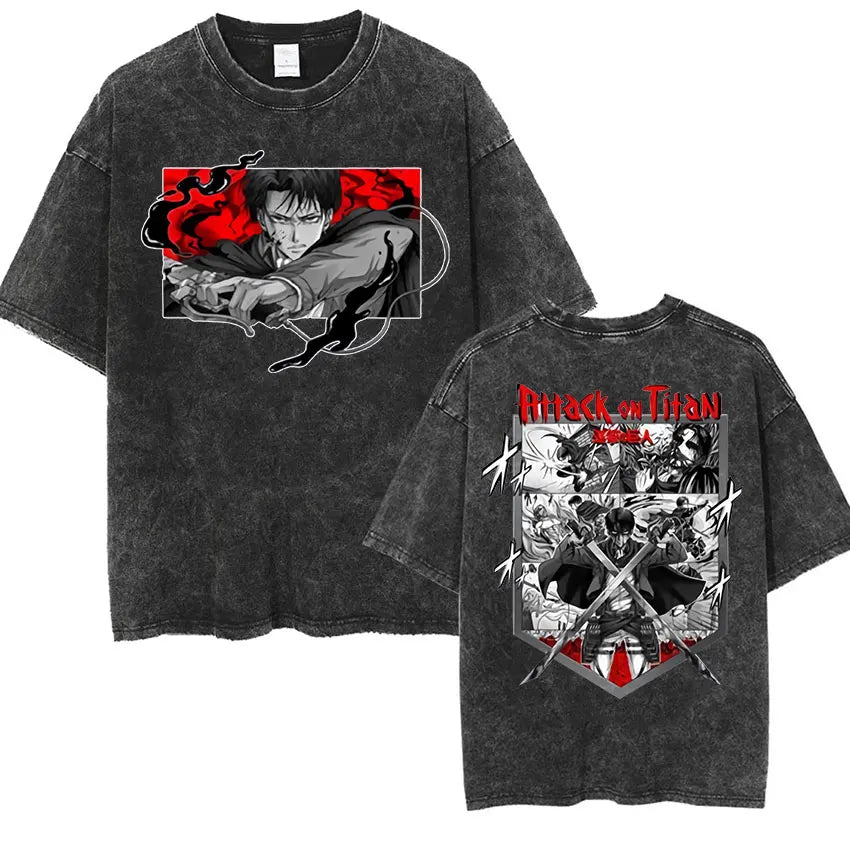 Anime Attack on Titan Vintage Washed Print T-shirt Mikasa Ackerman Eren Jaeger Wings of Freedom Logo Mens Summer Cotton T-shirts - Matrix Studios
