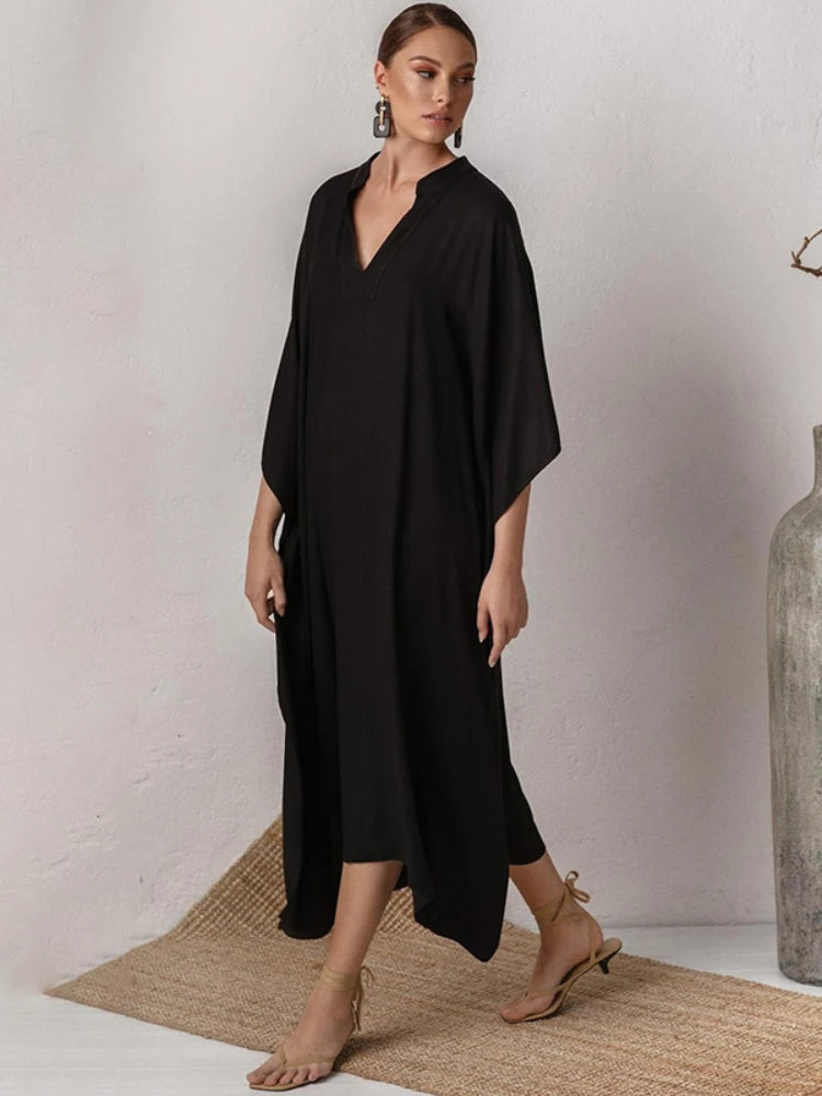Swimsuit Cover Up Women Kaftan Beach Tunic Solid V Neck Elegant Summer Long Dress Loose Beachwear Bathing Suit Swimwear - Matrix Studios