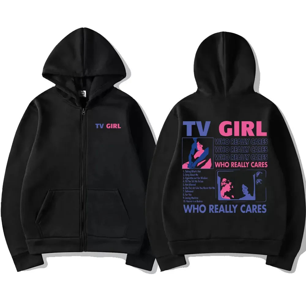 Men Women TV Girl Who Really Cares Graphic Print Zipper Hoodie Fashion Casual Oversized Jacket Fleece Long Sleeve Sweatshirts - Matrix Studios