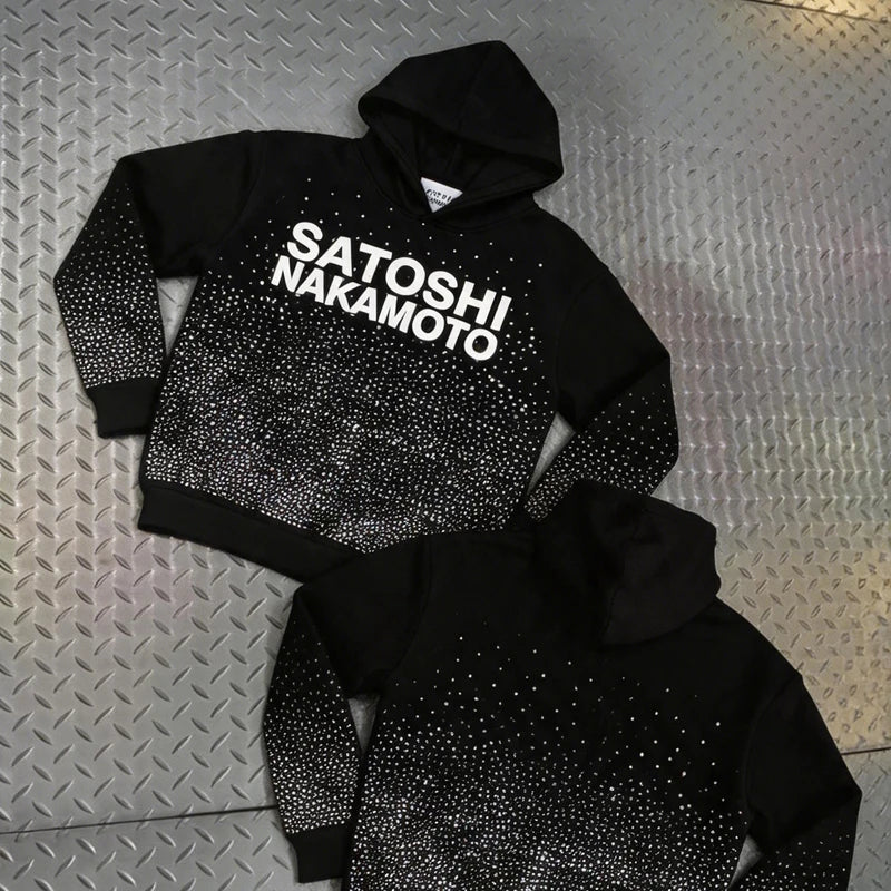 American High Street SATOSHI Hoodie Ink-sprayed Classic Retro Letter Print Washed Pullover Vintage Y2K Men Women Sweatshirts - Matrix-studios.com