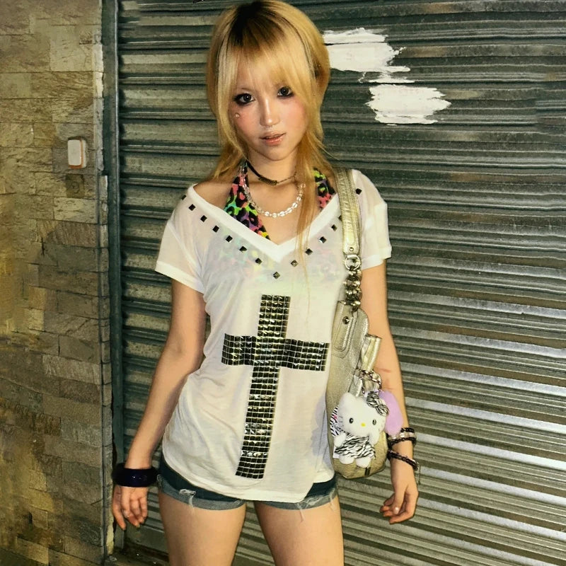 Karrram Japanese Y2k Metal Cross Print T-shirt Vintage Harajuku Short Sleeve Sheer Tops Trashy 2000s V-neck Streetwear Grunge - Matrix-studios.com