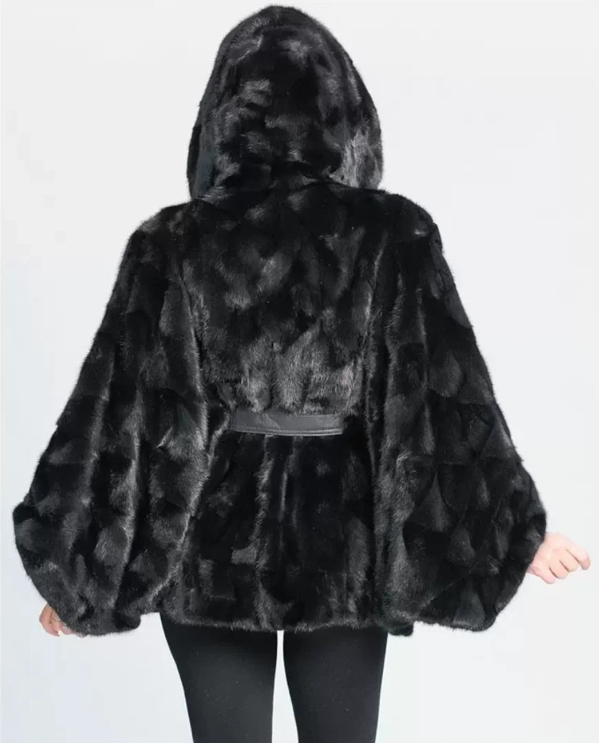 2026 Women's New Mink Fur Bat Top, Hooded Shawl Jacket, Real Mink Fur Leather Jacket - Matrix Studios