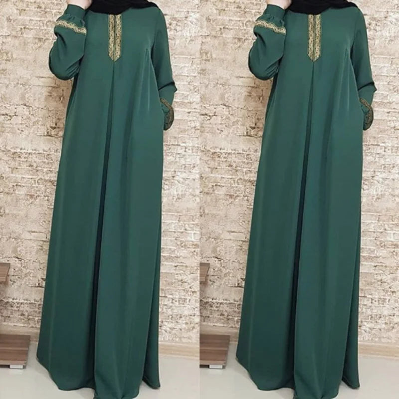Muslim Abaya Ethnic Style Print Islam Abaya Dress Solid Color Loose Casual Robe Femme Musulman for Middle East Arabia - Matrix-studios.com