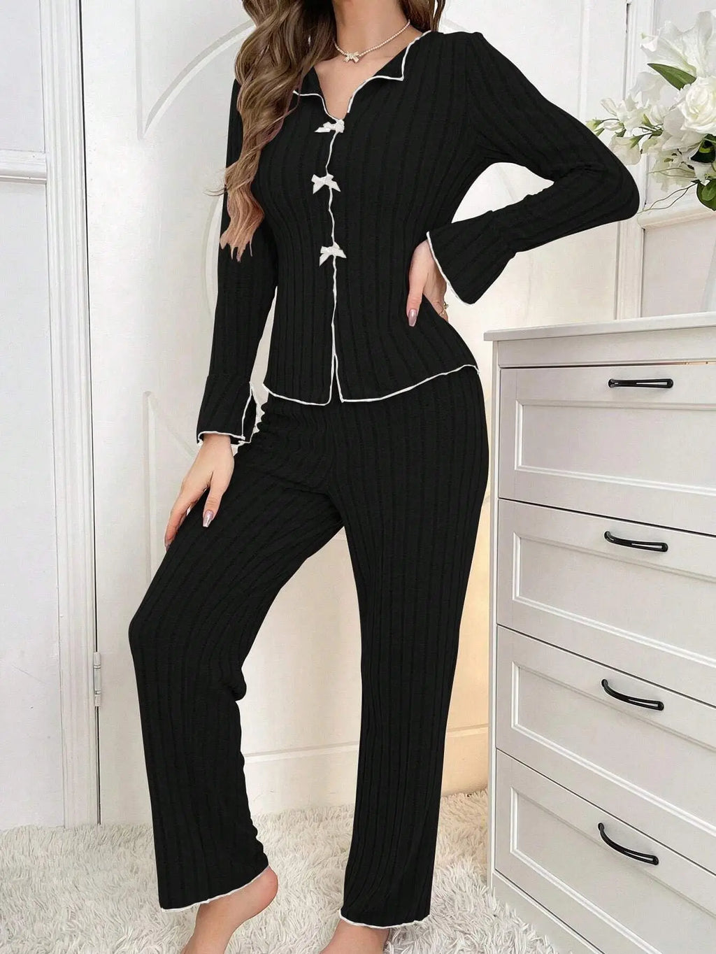 2-Piece Women's Autumn and Winter Pure Color Elegant Bow Women's Simple Long-Sleeved Pants Pajama Set Leisure home clothing - Matrix-studios.com