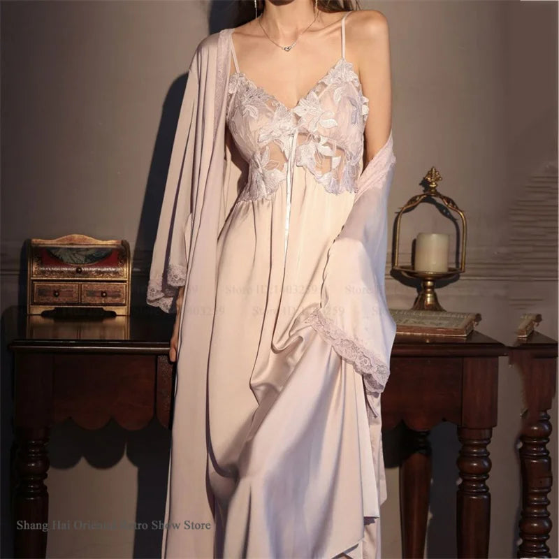 Elegant Female Long Robe Set Nightgown Silky Ice Silk Sleepwear Homewear SEXY Hollow Out Lace Nightdress Lingerie Loungewear - Matrix-studios.com