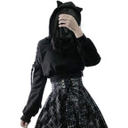 Y2k Gothic Womens Hoodie Cat Ear Crop Top Hooded Sweatshirt Hollow Out Lace Up Long Sleeve Hodded Casual Pullover Autumn - Matrix Studios