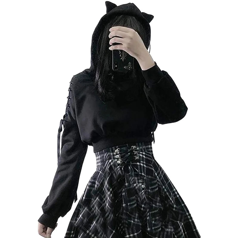 Y2k Gothic Womens Hoodie Cat Ear Crop Top Hooded Sweatshirt Hollow Out Lace Up Long Sleeve Hodded Casual Pullover Autumn - Matrix Studios