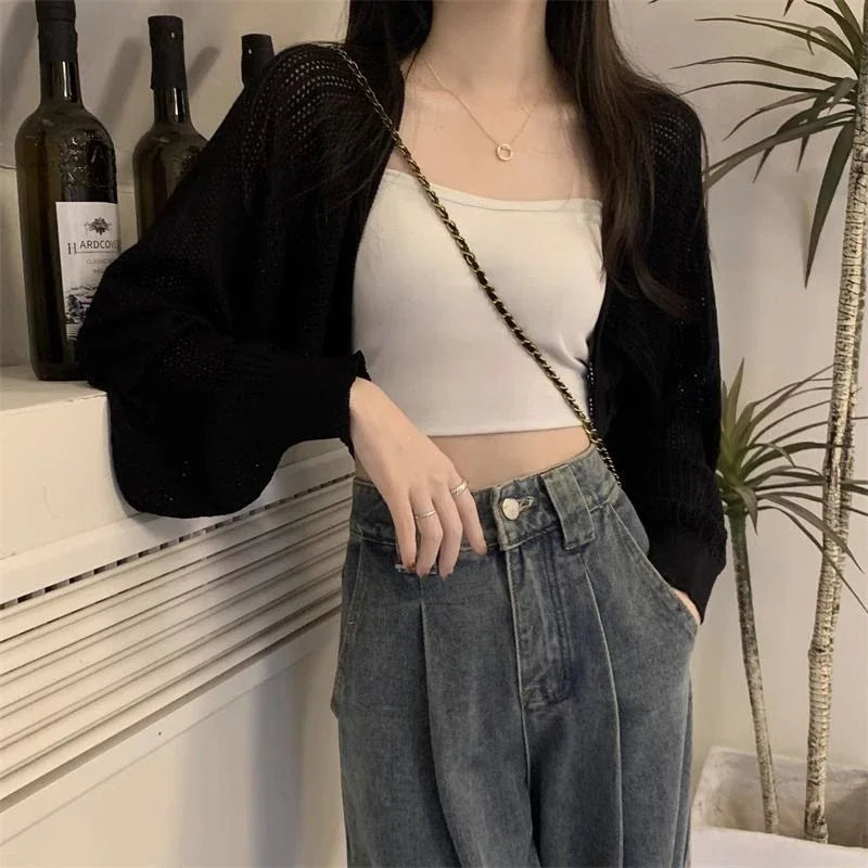 Fashion Hollow Out Sunscreen Cardigan Women Lantern Sleeve Thin Short Knitted Cardigans Woman Elegant Simple Crop Smock Top - Matrix Studios