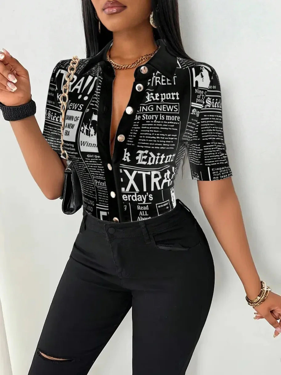 Women's Elegant Blouses Summer Fashion Newspaper Pattern Print Single Breasted Short Sleeve Women Shirt V-neck Casual Tops Shirt - Matrix-studios.com