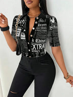 Women's Elegant Blouses Summer Fashion Newspaper Pattern Print Single Breasted Short Sleeve Women Shirt V-neck Casual Tops Shirt - Matrix-studios.com