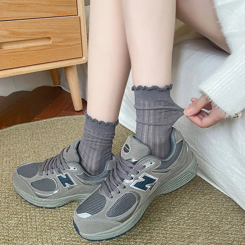 5 Pairs/Lot Women Hollow Mesh Tube Socks Ear Fungus Edge Socks Ins Trendy Spring Summer Loose Mouth Thin Style Girls Pile Socks - Matrix Studios