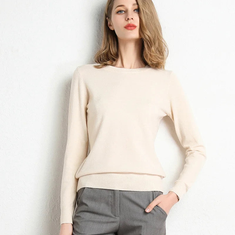 Women Slim O-Neck Pullover Cashmere Wool Blending Sweater Autumn And Winter Long-Sleeved Knit Bottoming Shirt Large Size 2024 - Matrix Studios