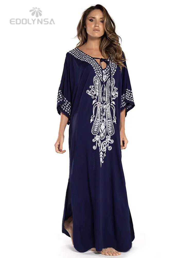 2026 Indie Folk Embroidered Short Sleeve Summer Dress Cotton Tunic Beach Kaftan Women Beachwear Swimsuit Cover Up Robe de plage - Matrix Studios