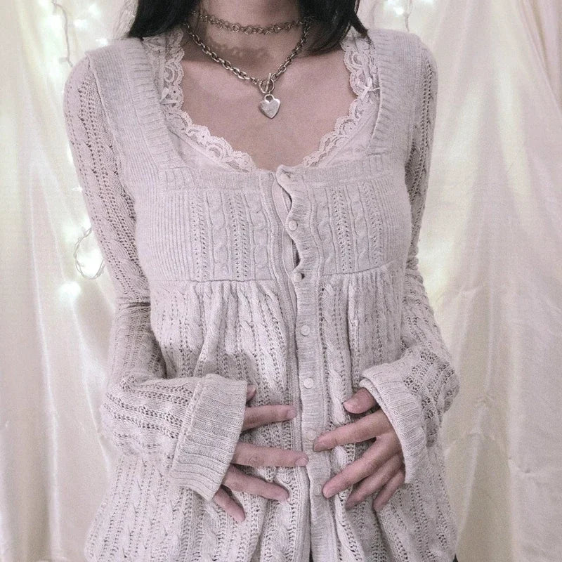 2000s Vintage Long Sleeve Babydoll Knitted Sweater Tops Cottage Milkmaid Pullovers Aesthetic Grunge Y2k Knitwear T-shirts Women - Matrix Studios