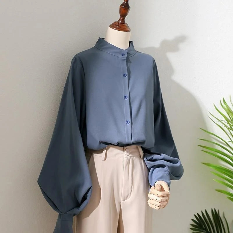 Woman Spring Autumn Style Blouses Shirt Lady Long Lantern Sleeve Stand Collar Loose Blusas Tops DF4847 - Matrix-studios.com
