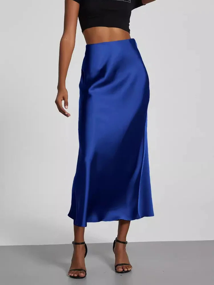 21 Colors New 2026 Women's Elegant High Waist Satin Long Skirts Female Summer Solid Color Faldas - Matrix-studios.com