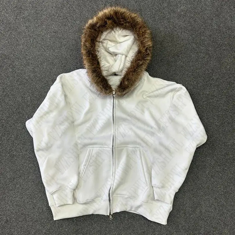 Streetwear Y2K Zip up hoodie Dark Faux Fur Collar Camouflage Rock Goth Zipper Hoodie sweatshirt Punk Hip Hop Jacket Vintage EMO